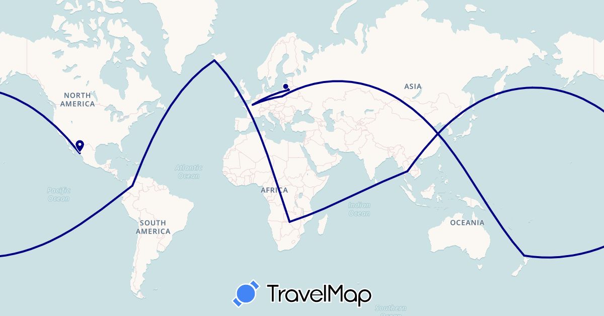 TravelMap itinerary: driving in Colombia, France, Iceland, Lithuania, Mexico, New Zealand, Poland, Thailand, Zimbabwe (Africa, Asia, Europe, North America, Oceania, South America)